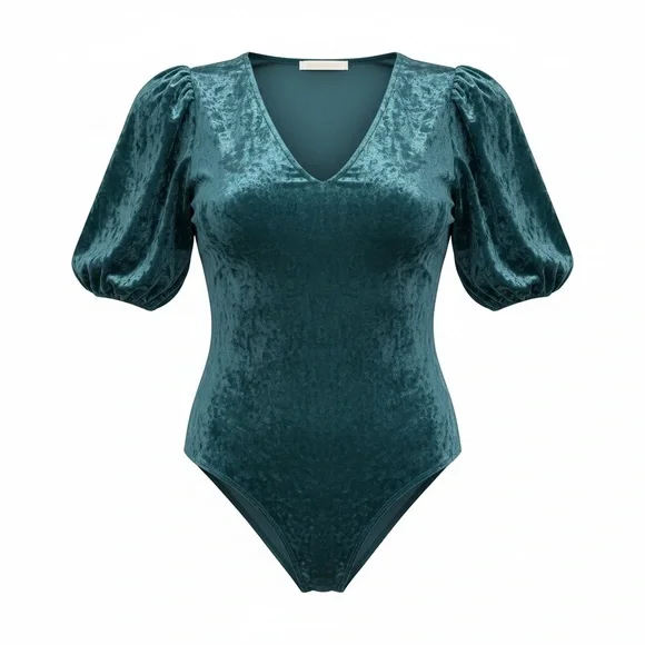 Teal Crushed Velvet V-Neck Bodysuit - Picture 1 of 10